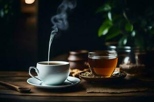 een kop van thee en een schotel van koffie Aan een houten tafel. ai-gegenereerd foto