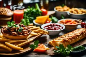 een tafel met divers voedsel items inclusief Frans Patat, vlees en groenten. ai-gegenereerd foto