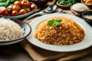 een bord van rijst- met groenten en tomaten. ai-gegenereerd foto