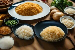divers types van rijst- en andere ingrediënten Aan een tafel. ai-gegenereerd foto