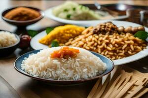 een tafel met rijst, specerijen en andere ingrediënten. ai-gegenereerd foto