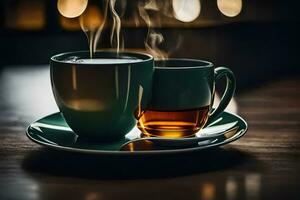 twee cups van koffie Aan een schotel met stoom. ai-gegenereerd foto