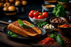 gegrild brood met tomaten, basilicum en andere ingrediënten. ai-gegenereerd foto