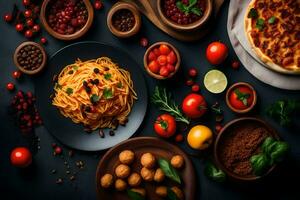 spaghetti, tomaten, olijven, champignons en andere ingrediënten Aan een zwart tafel. ai-gegenereerd foto
