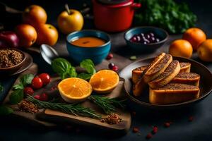 voedingsmiddelen Aan een donker tafel met sinaasappelen, brood en specerijen. ai-gegenereerd foto