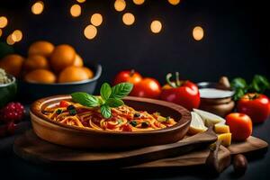 spaghetti met tomaten, basilicum en kaas in een houten schaal. ai-gegenereerd foto