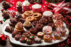 een schotel van Kerstmis snoepgoed en desserts. ai-gegenereerd foto