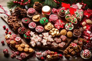 Kerstmis desserts Aan een houten tafel. ai-gegenereerd foto