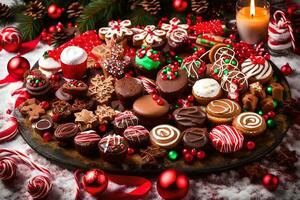 een schotel van Kerstmis snoepgoed en snoepjes Aan een tafel. ai-gegenereerd foto