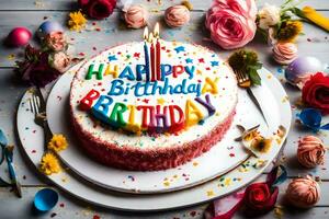 gelukkig verjaardag taart met kaarsen Aan een bord. ai-gegenereerd foto