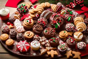 een groot bord van Kerstmis koekjes en desserts. ai-gegenereerd foto