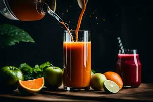 oranje sap wezen gegoten in een glas. ai-gegenereerd foto