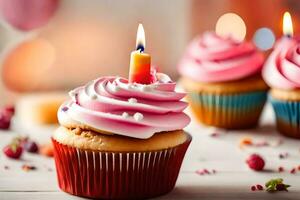 verjaardag cupcakes met roze glimmertjes en een lit kaars. ai-gegenereerd foto