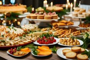 een buffet tafel met veel verschillend types van voedsel. ai-gegenereerd foto