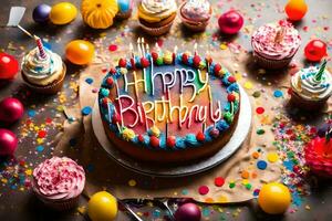gelukkig verjaardag taart met cupcakes en confetti. ai-gegenereerd foto