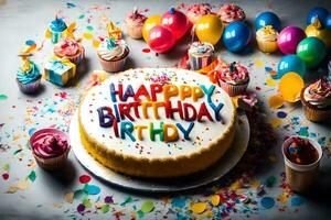 gelukkig verjaardag taart met confetti en ballonnen Aan een tafel. ai-gegenereerd foto
