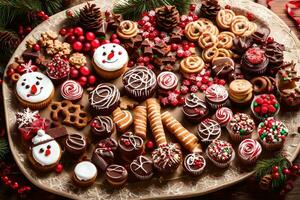 Kerstmis koekjes Aan een schotel. ai-gegenereerd foto