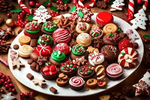 Kerstmis cupcakes Aan een bord. ai-gegenereerd foto