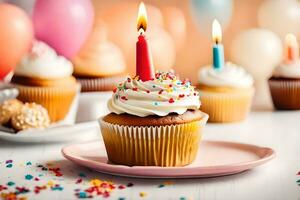 verjaardag cupcakes met kaarsen Aan een tafel. ai-gegenereerd foto