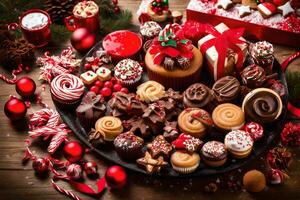 Kerstmis taart, cupcakes, koekjes en andere snoepgoed Aan een bord. ai-gegenereerd foto