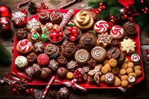 Kerstmis koekjes en snoepjes Aan een rood dienblad. ai-gegenereerd foto