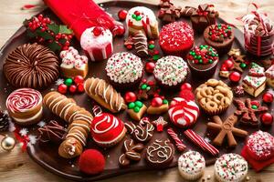 een groot assortiment van Kerstmis koekjes en snoepjes. ai-gegenereerd foto