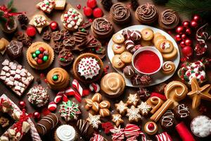 Kerstmis koekjes en snoepgoed Aan een tafel. ai-gegenereerd foto