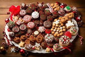 een schotel van Kerstmis koekjes en snoepjes Aan een houten tafel. ai-gegenereerd foto