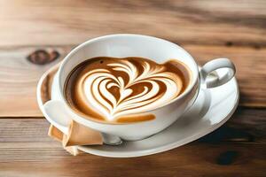 een kop van koffie met een hart vormig latte kunst. ai-gegenereerd foto
