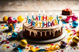 gelukkig verjaardag taart met kaarsen. ai-gegenereerd foto