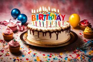 een verjaardag taart met kaarsen en confetti. ai-gegenereerd foto