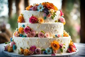 een drie moe taart met kleurrijk bloemen Aan top. ai-gegenereerd foto
