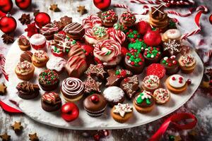 een schotel van Kerstmis koekjes en desserts. ai-gegenereerd foto