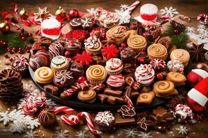 een schotel van Kerstmis snoepgoed Aan een houten tafel. ai-gegenereerd foto
