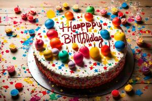 gelukkig verjaardag taart met kleurrijk ballonnen en confetti Aan een houten tafel. ai-gegenereerd foto