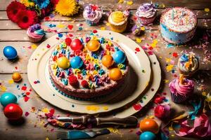 een kleurrijk verjaardag taart Aan een houten tafel. ai-gegenereerd foto