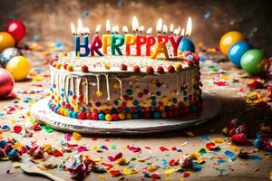 gelukkig verjaardag taart met kaarsen. ai-gegenereerd foto