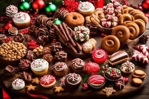 Kerstmis snoepgoed en desserts Aan een houten tafel. ai-gegenereerd foto