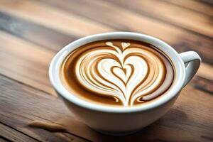 een kop van koffie met een hart ontwerp in de schuim. ai-gegenereerd foto