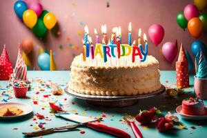 verjaardag taart met kaarsen Aan de woord gelukkig verjaardag Aan een blauw tafel met ballonnen en confetti. ai-gegenereerd foto