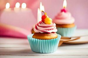 cupcakes met roze glimmertjes en kaarsen Aan een tafel. ai-gegenereerd foto