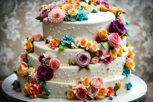 een drie laag taart met kleurrijk bloemen Aan top. ai-gegenereerd foto