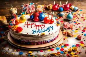 gelukkig verjaardag taart met kaarsen en confetti. ai-gegenereerd foto