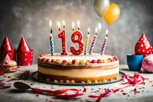 een verjaardag taart met kaarsen Aan het en ballonnen. ai-gegenereerd foto