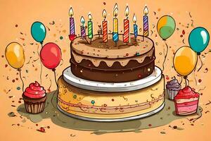 een verjaardag taart met kaarsen en ballonnen. ai-gegenereerd foto