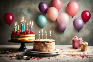 verjaardag taart met kaarsen en ballonnen. ai-gegenereerd foto
