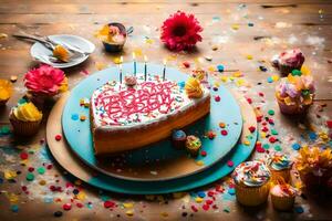 een verjaardag taart met kaarsen en confetti Aan een houten tafel. ai-gegenereerd foto