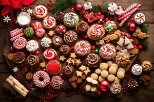 Kerstmis koekjes en snoepgoed Aan een houten tafel. ai-gegenereerd foto