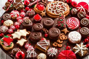 een bord van Kerstmis koekjes en snoepjes Aan een houten tafel. ai-gegenereerd foto