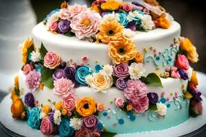 een kleurrijk taart met bloemen Aan top. ai-gegenereerd foto